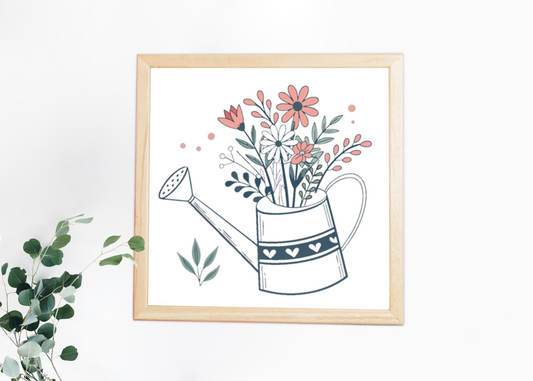 Cadre décoratif rétro avec arrosoir fleuri au style joyeux thème jardinage