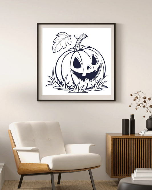 Cadre avec citrouille souriante en noir et blanc pour un Halloween mystérieux