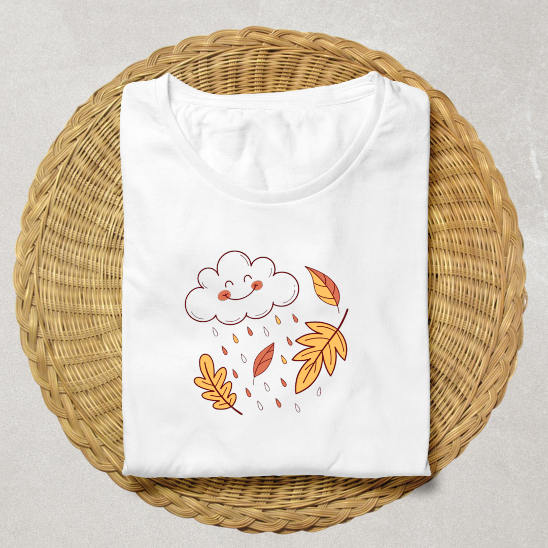 T-shirt avec dessin joyeux de nuage souriant et pluie automnale, style doodle