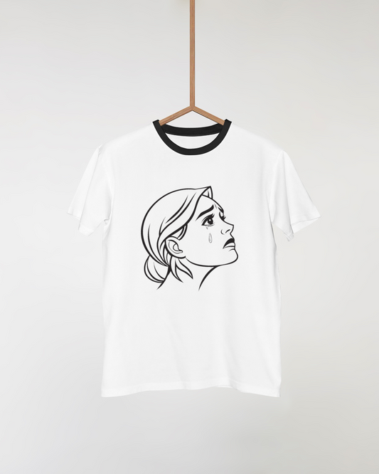 T-shirt avec design minimaliste d'une femme en larmes style Ligne Claire