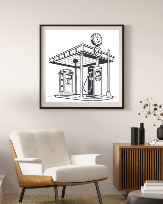 Illustration de station essence format cadre, idéale pour déco intérieure.