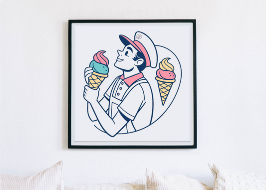 Vendeur de Glaces Heureux | Style Vintage Coloré | Été Illustré