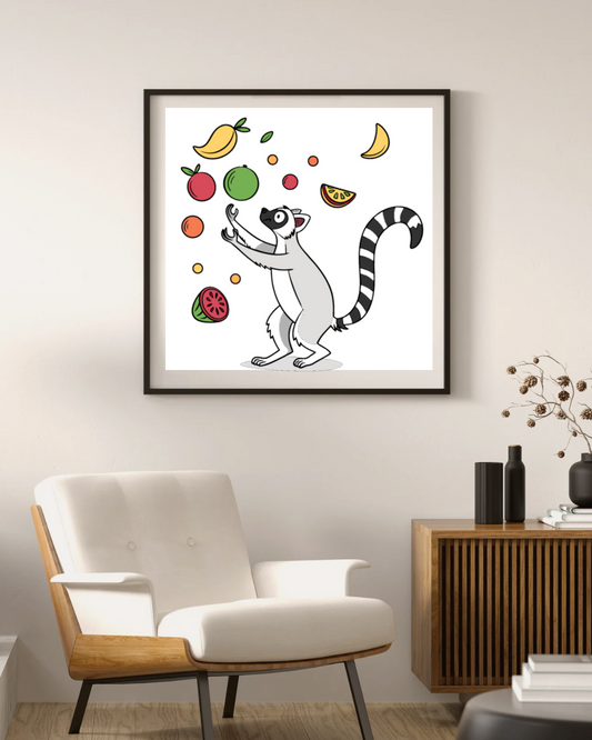 Cadre décoratif avec lémurien espiègle dans un style minimaliste et ambiance tropicale