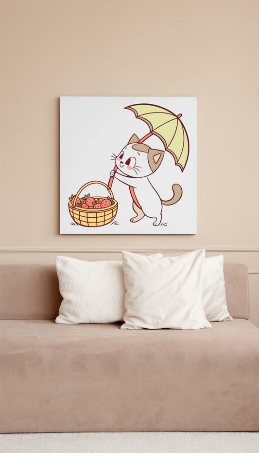 Cadre décoratif avec chat kawaii souriant sous un parapluie dans un style mignon