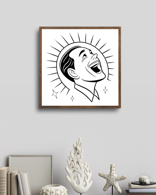 Cadre avec illustration rétro d'un homme souriant dans un style illustratif rayonnant