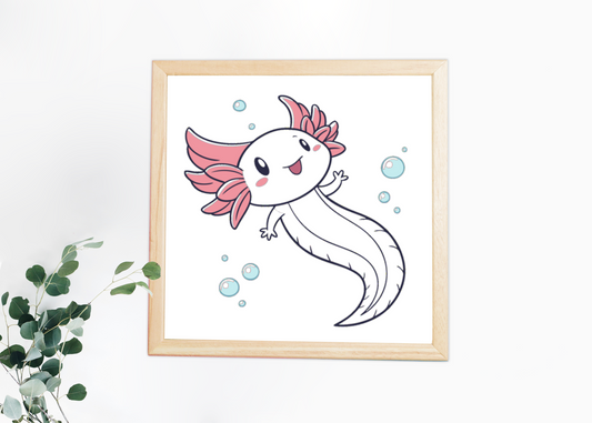 Cadre avec un axolotl kawaii joyeux dans un monde aquatique