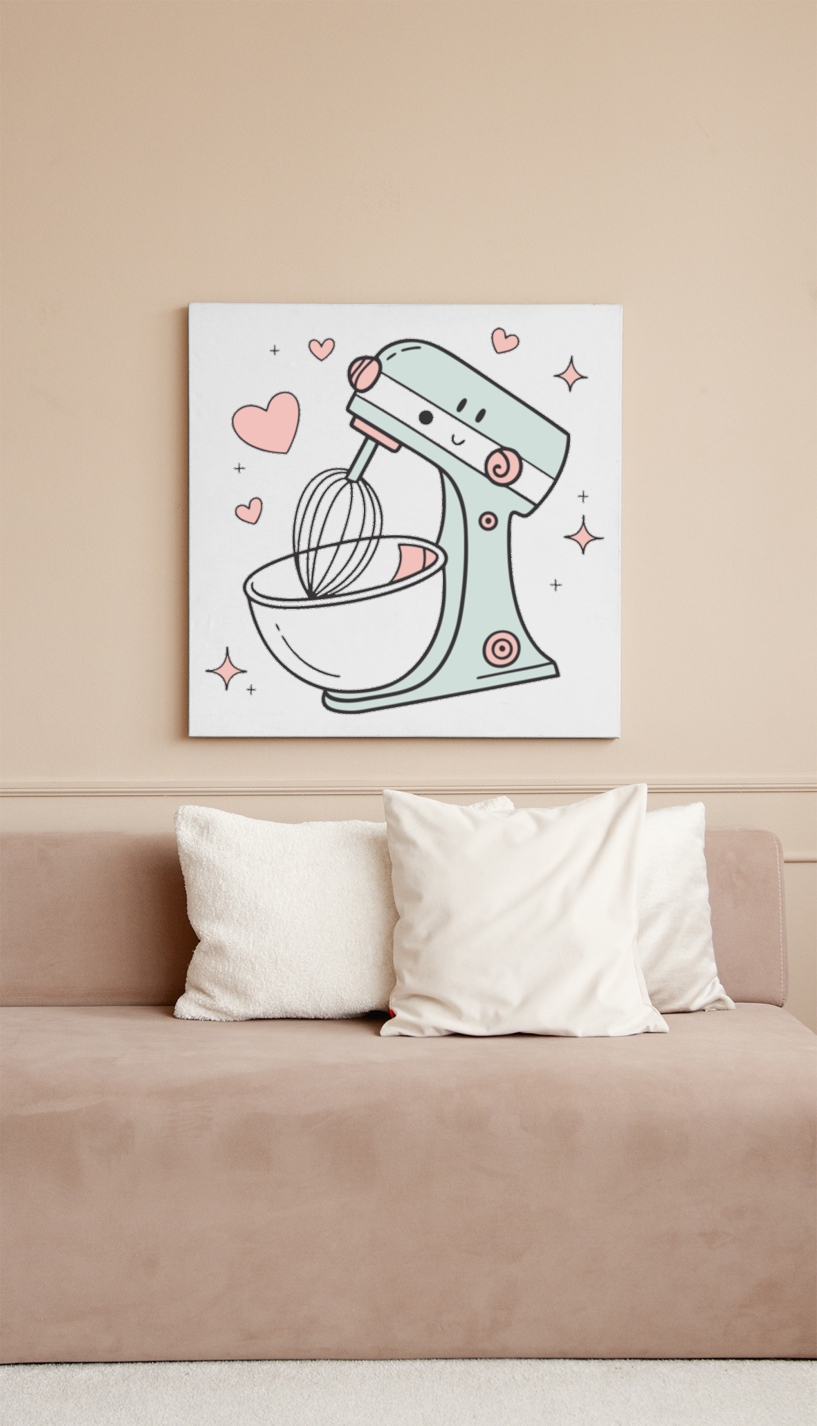Cadre avec un robot pâtissier joyeux dans un style kawaii pour une déco cuisine douce