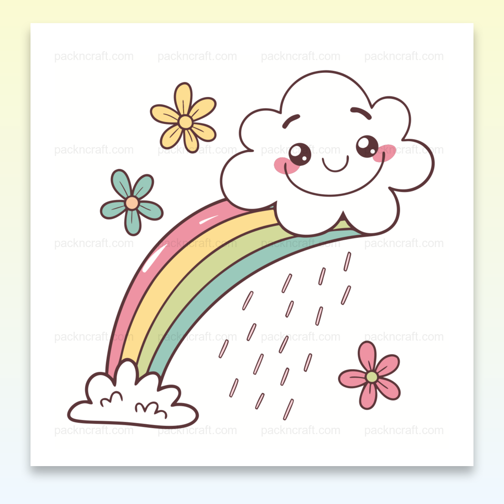 Illustration kawaii d'un nuage souriant avec arc-en-ciel, style vectoriel.