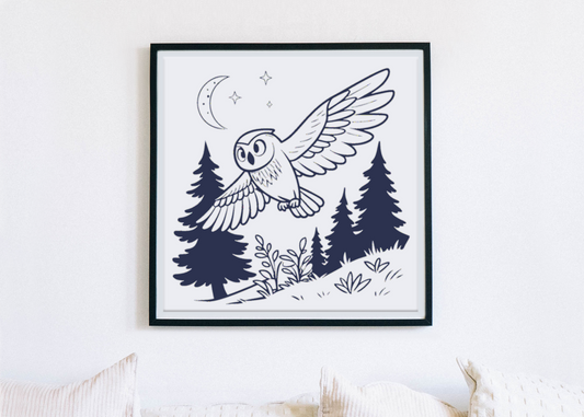 Cadre décoratif avec chouette majestueuse en vol dans un style vectoriel élégant