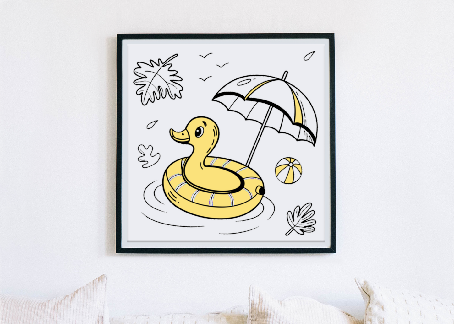 Cadre avec dessin numérique d'un canard amusant, ambiance estivale et cartoon