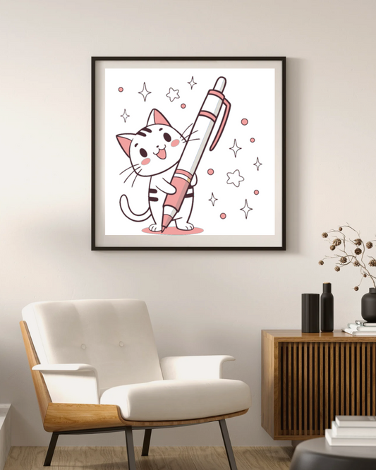 Cadre avec chat pastel souriant et stylo style éducatif et décoratif