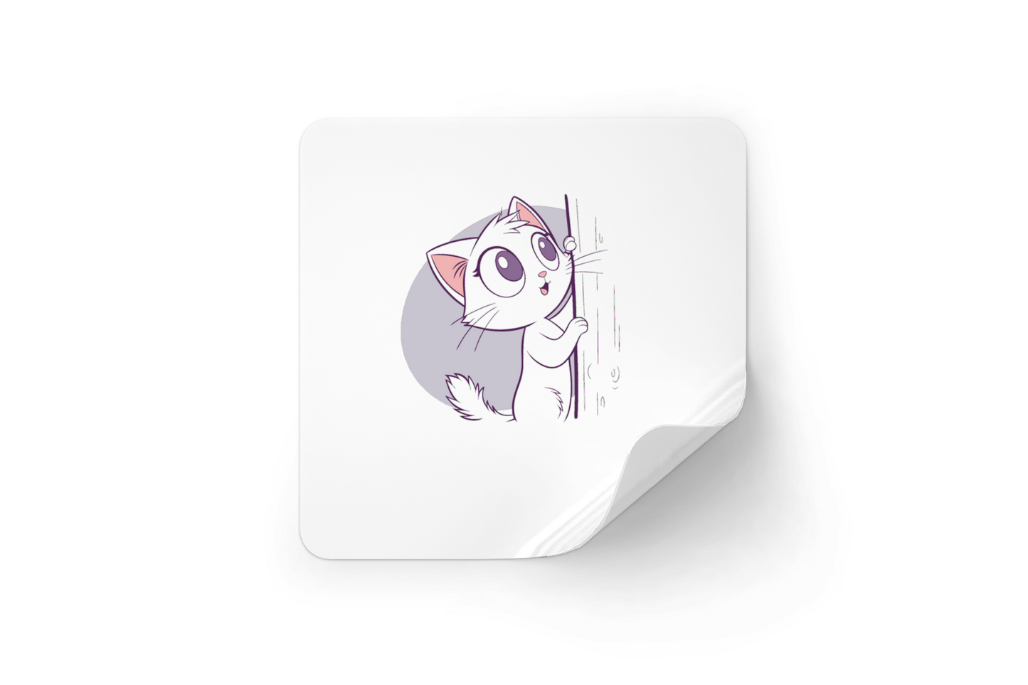 Sticker décoratif avec un chat curieux style kawaii grimpant dans une forêt magique