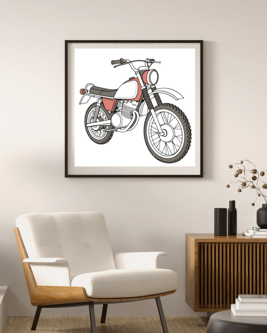 Cadre de moto vintage Yamaha DT250 présenté pour décoration murale