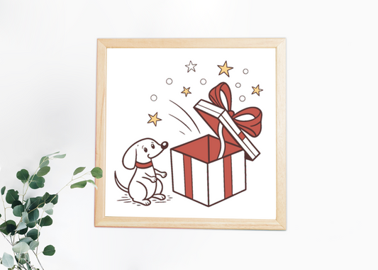Cadre décoratif avec chien curieux sous un coffret étoilé ambiance festive et joyeuse