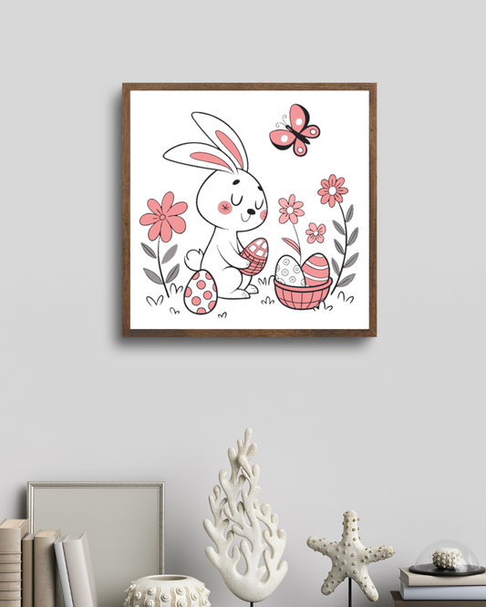 Cadre artistique avec lapin rêveur et œufs de Pâques pastel dans un thème printanier