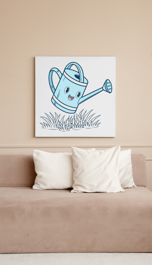 Cadre décoratif avec arrosoir joyeux sur fond d'herbe en pastel thème printanier