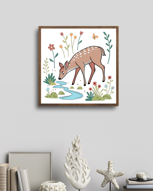 Cadre décoratif pastel montrant un faon curieux dans un thème nature