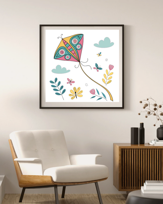 Décor mural cadre pastel avec un cerf-volant floral, ambiance printanière