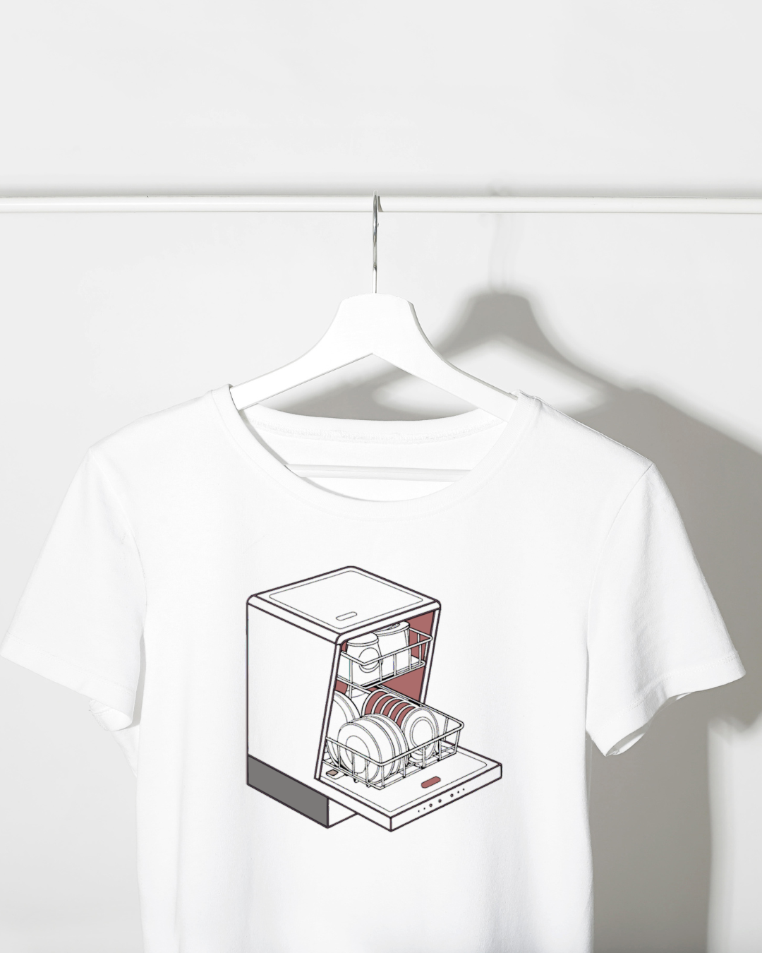T-shirt blanc avec icône stylisée lave-vaisselle moderne cuisine moderne et tendance