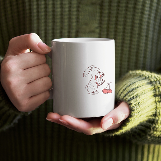 Mug coloré, décor printanier avec un lapin joyeux et pastèque au style kawaii