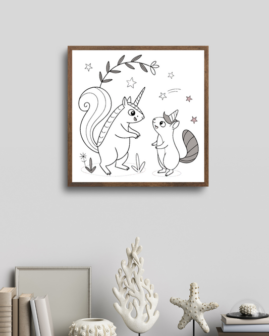 Cadre avec design enchanteur de licorne et écureuil, style conte de fées