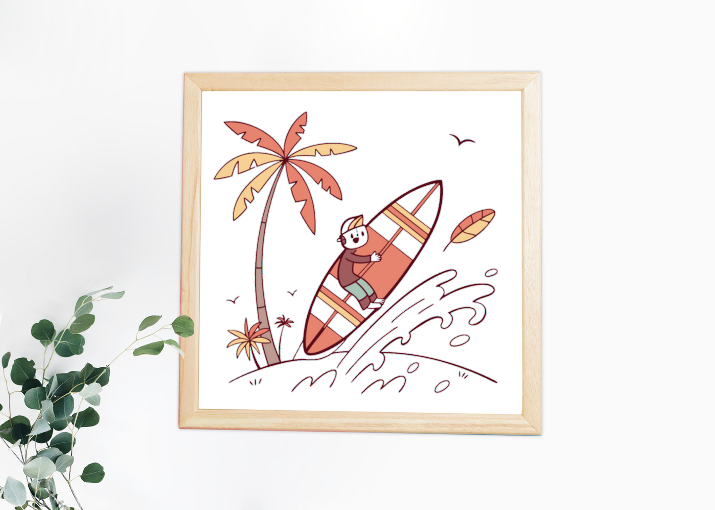 Cadre avec illustration d’un surfeur souriant dans une ambiance tropicale colorée