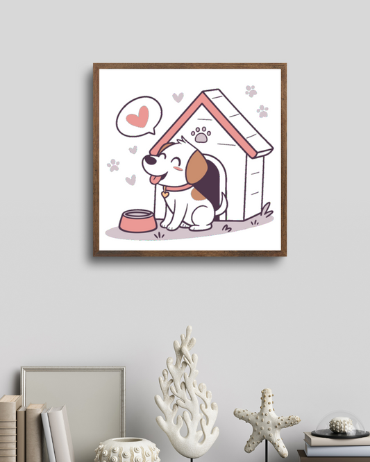Cadre avec un chien heureux style kawaii dans sa niche ambiance joyeuse et colorée