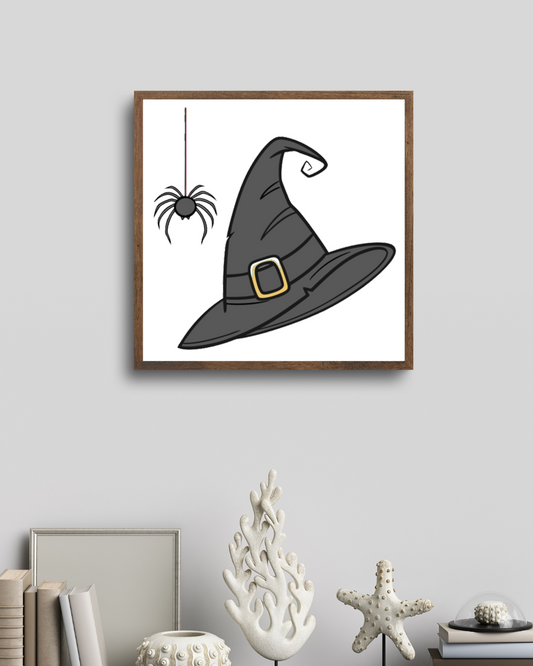 Cadre avec chapeau de sorcière suspendu en illustration, ambiance festive d'Halloween