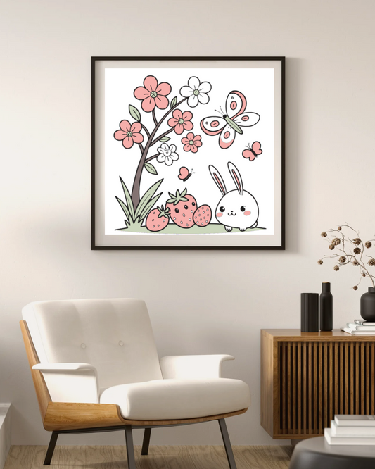 Cadre décoratif avec lapin joyeux et papillons, ambiance pastel printanier