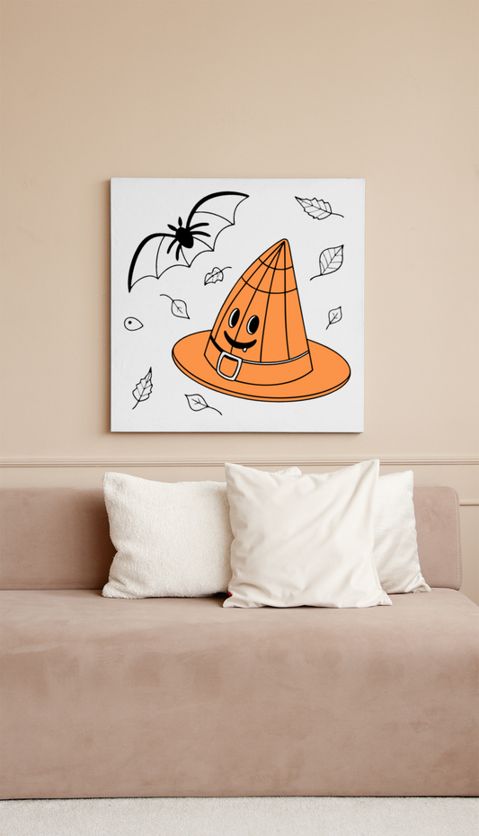 Cadre avec chapeau de sorcier kawaii et sourire espiègle pour Halloween