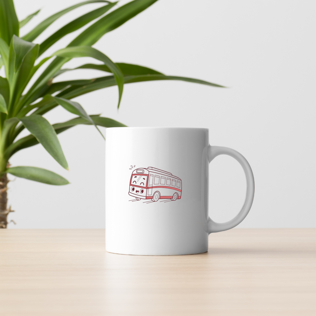 Mug avec bus joyeux cartoon offrant une touche urbaine et ludique