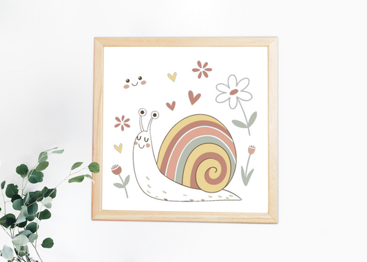 Cadre décoratif avec un escargot lumineux dans un jardin féerique et enchanteur