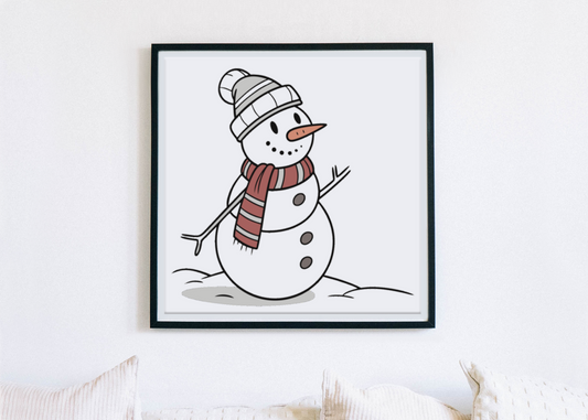 Cadre festif avec bonhomme de neige kawaii, ambiance hivernale joyeuse