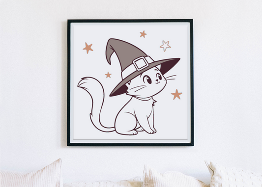 Cadre avec motif mystique de chat sorcier enchanteur dans un style Halloween magique