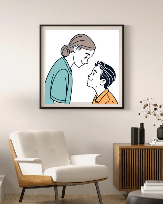 Cadre minimaliste avec icône moderne symbolisant la confiance entre mère et enfant