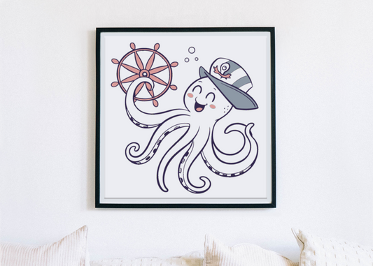Décoration murale amusante avec pieuvre kawaii, un cadre marin adorable