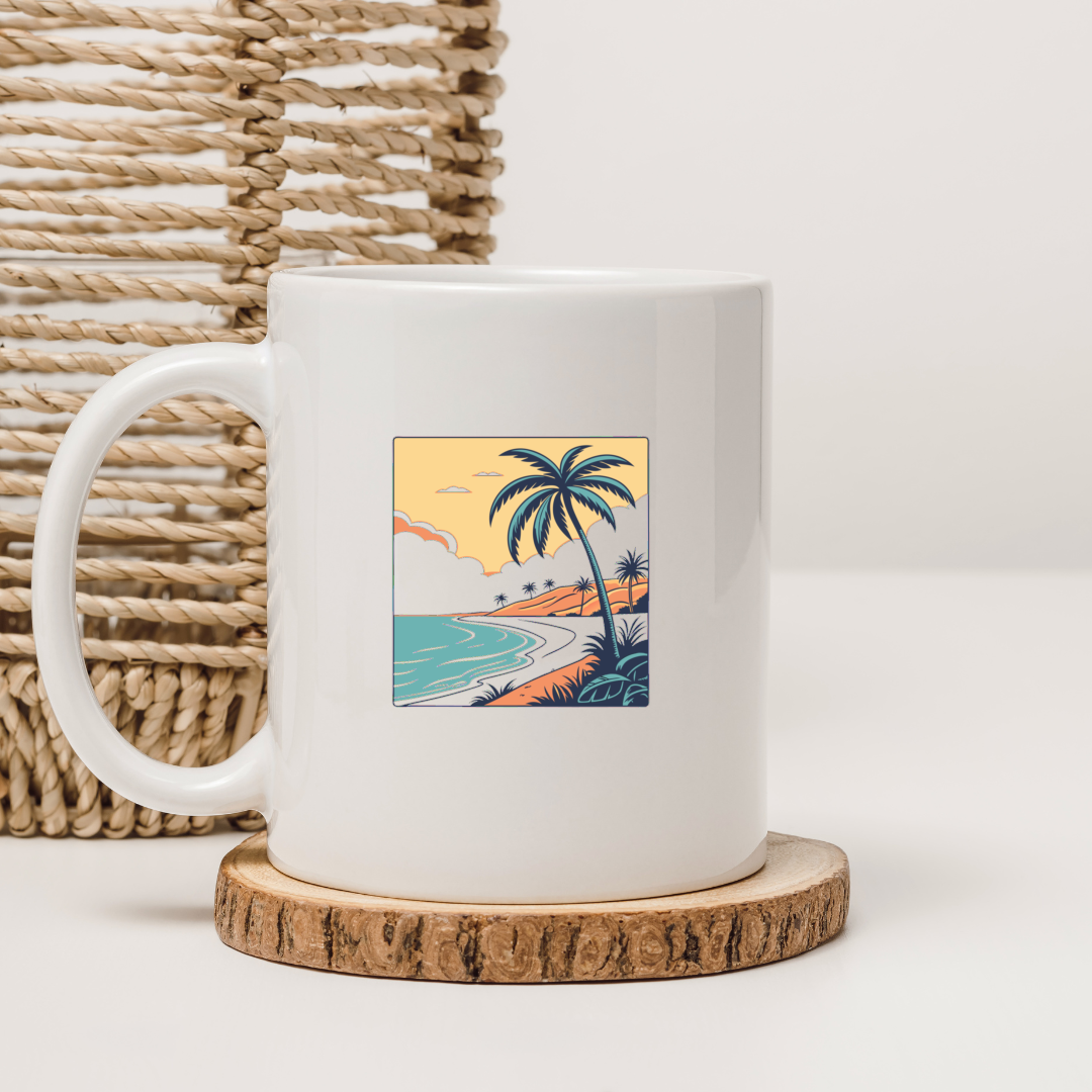 Design de mug plage rétro, idéal pour une touche nostalgique et stylée.
