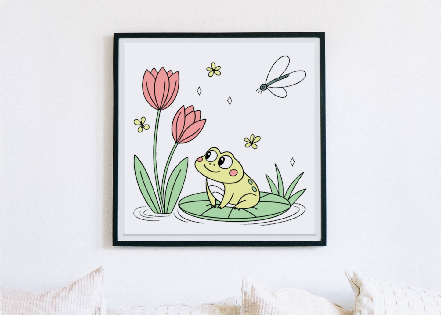 Cadre avec grenouille joyeuse posée sur un nénuphar dans un style pastel ludique