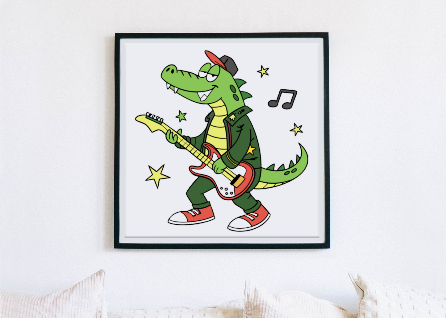Cadre avec un crocodile rockeur en style cartoon, idéal pour une déco musicale