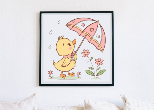 Cadre avec motif pastel d'un caneton sous la pluie, ambiance printanière joyeuse