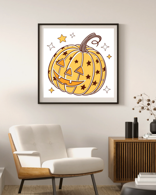 Cadre festif montrant une citrouille joyeuse sur fond étoilé pour Halloween