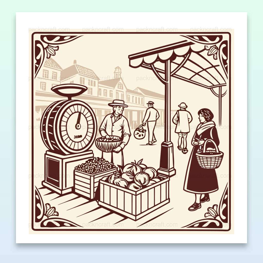 Illustration vintage du marché, parfaite pour créer des ambiances rétro chez soi.