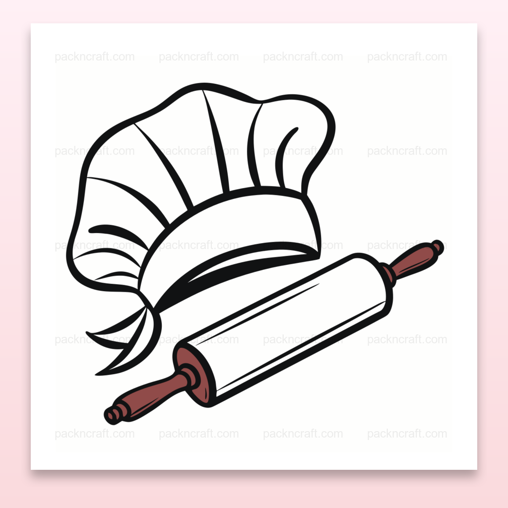 Illustration de toque de chef et rouleau pâtissier, idéale pour stickers et DIY., Toque de chef et rouleau sur cadre, parfaite pour affiches murales., Conception de toque et rouleau sur mug, excellente décoration de cuisine., Sticker de toque de chef et rouleau, personnalisable pour projets., Motif toque de chef et rouleau sur t-shirt, design moderne et élégant.