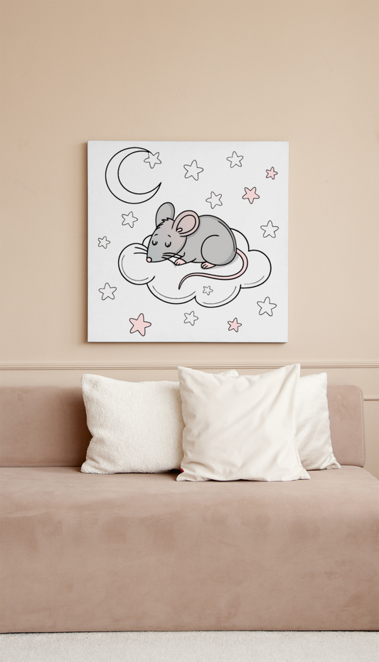 Cadre élégant avec souris endormie sur un nuage, parfait pour un thème nocturne