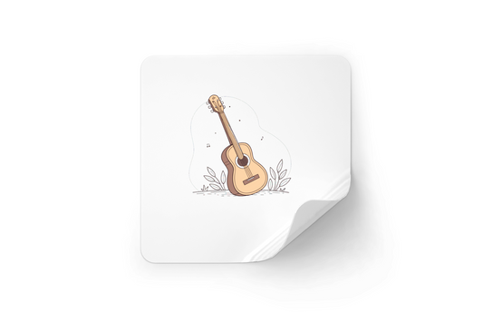 Sticker avec guitare colorée, ambiance pastel et notes musicales en arrière-plan