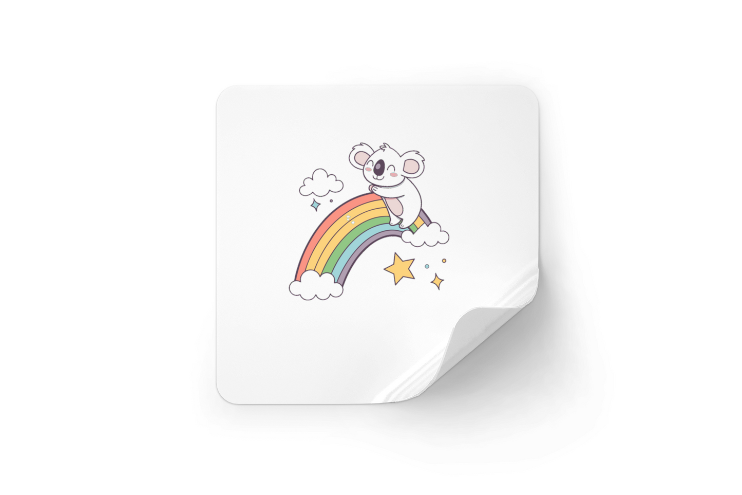 Sticker décoratif montrant un koala joyeux sur un arc-en-ciel dans des tons pastel