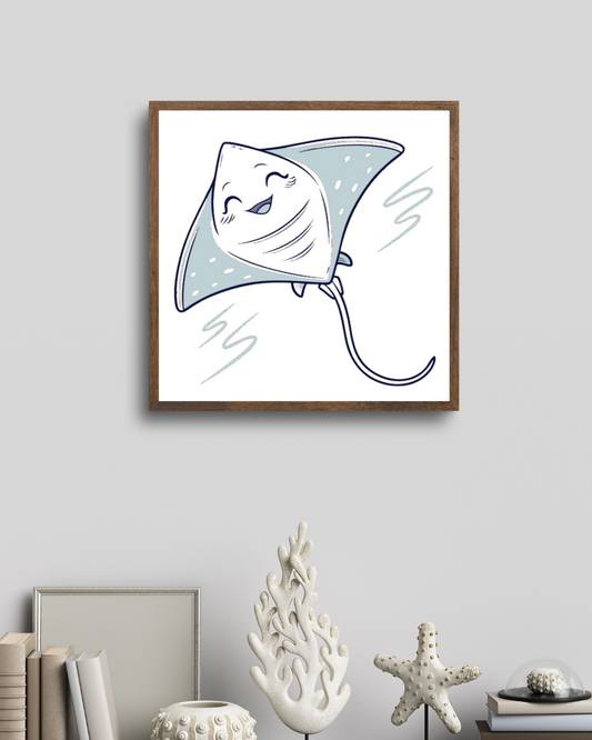 Cadre ludique avec raie souriante et icône océan en illustration vectorielle