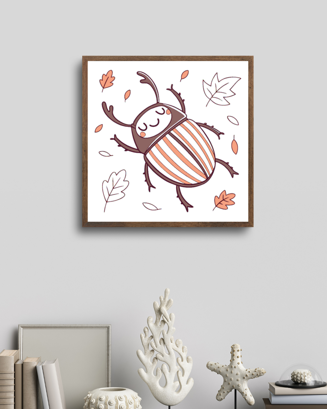 Cadre déco avec scarabée paisible et feuilles d'automne, ambiance kawaii
