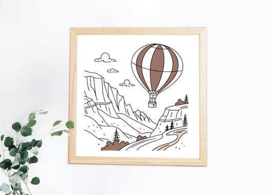 Cadre décoratif illustré d'une montgolfière audacieuse aux teintes pastel