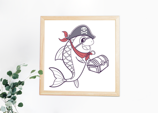 Cadre décoratif avec poisson pirate kawaii, thème océanique, ambiance joyeuse